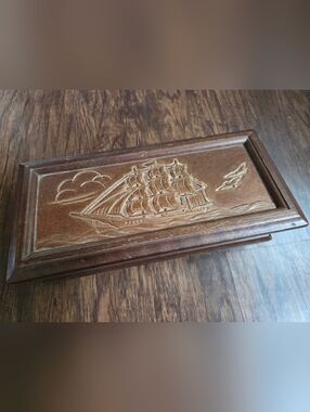 Carved Wooden Ship Trinket Box Filled With Jewelry